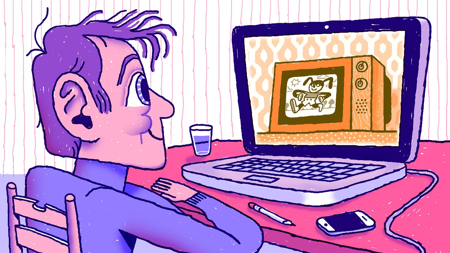 Illustration of person sitting at table streaming a cartoon on old fashione