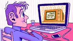 Illustration of person sitting at table streaming a cartoon on old fashione