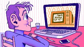 Illustration of person sitting at table streaming a cartoon on old fashione