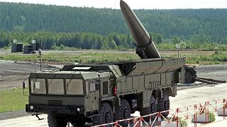 Image: Russian missile complex "Iskander" on display during a military equi