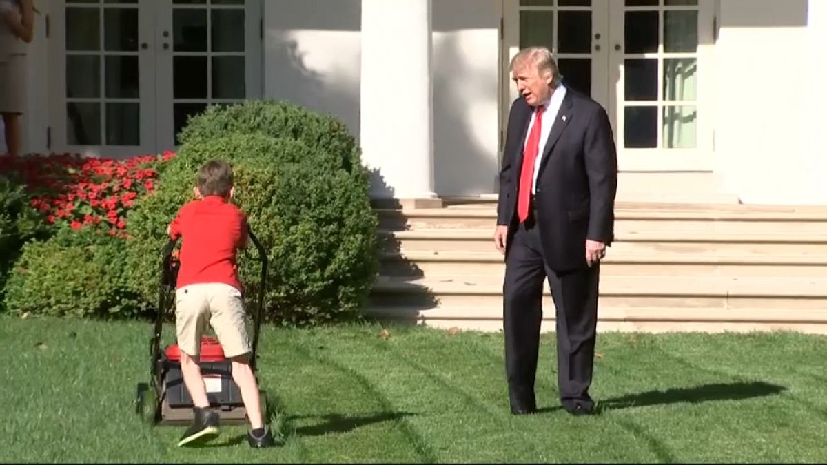 شاهد: طفل يقص عشب حديقة البيت الأبيض.. وترامب يراقب ويداعب
