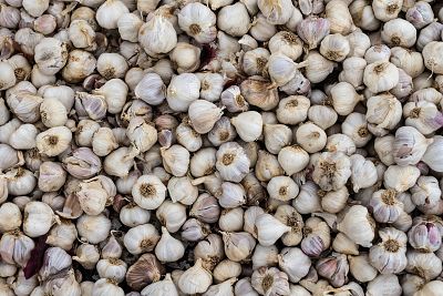 Garlic is heaped on a mat beside a roadside stall in Kiawara, Kenya.