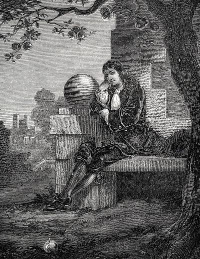Artist\'s impression of Newton in the orchard at Woolsthorpe when an apple fell and set him thinking about gravity.