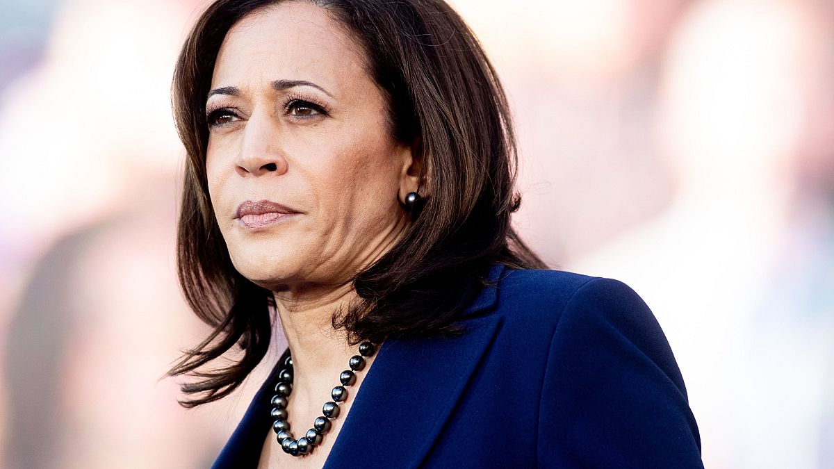 Image: Sen. Kamala Harris, D-Calif., looks on during a rally launching her 