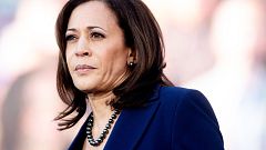 Image: Sen. Kamala Harris, D-Calif., looks on during a rally launching her 