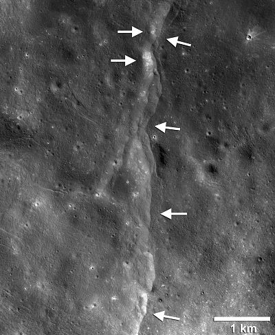 This prominent lunar lobate thrust fault scarp is one of thousands discovered in Lunar Reconnaissance Orbiter Camera images.