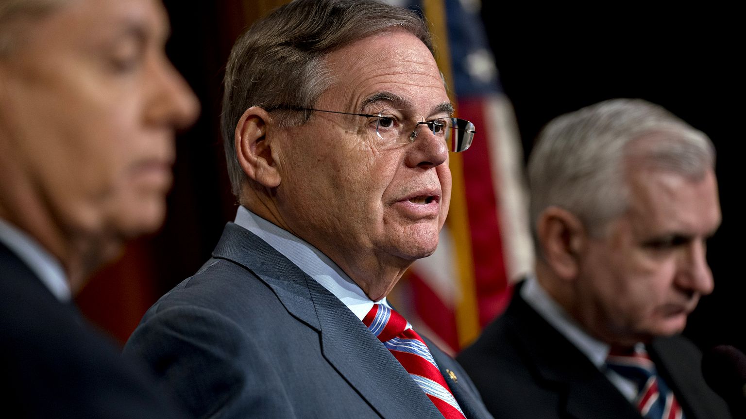Image: Sen. Bob Menendez, D-NJ, speaks at a news conference at the Capitol 