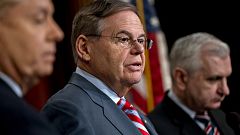 Image: Sen. Bob Menendez, D-NJ, speaks at a news conference at the Capitol 