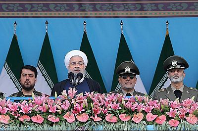 Iranian President Hassan Rouhani delivers a speech during the ceremony of the National Army Day parade in Tehran, Iran on April 18.