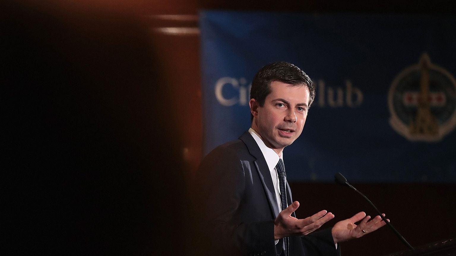 Democratic presidential candidate Pete Buttigieg speaks to the guests durin