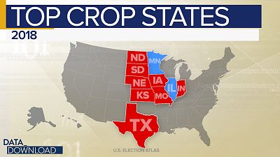Look at the top 10 states for crop acreage in 2018.