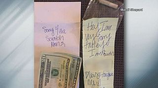 Woman finds $40 and joint taped to her scratched car with apology note