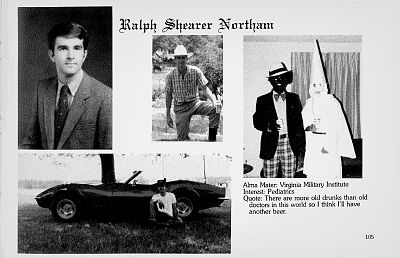 A photo on Ralph Northam\'s page in the Eastern Virginia Medical School\'s 1984 yearbook appears to show a man in blackface and a man in a Ku Klux Klan robe and hood.