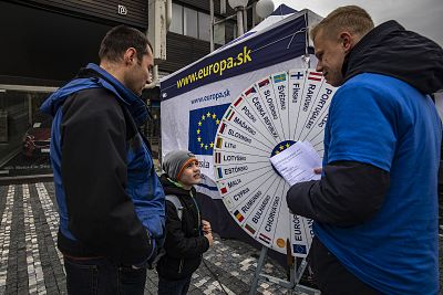 Volunteers inform locals in the Slovakian city of Trnava about the forthcoming European elections and encourage them to vote.