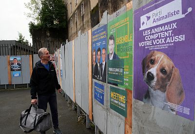 A man looks at campaign posters for the upcoming European elections, in Bayonne, southwestern France on May 20, 2019. Voters in each 28 EU nations will choose lawmakers to represent them at the European Parliament over the next five years.