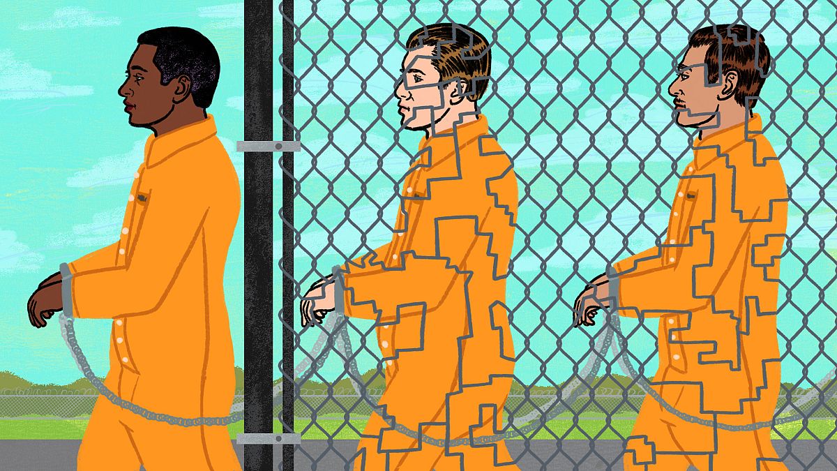 Illustration of prisoners behind prison fence, the fence creates a gerryman