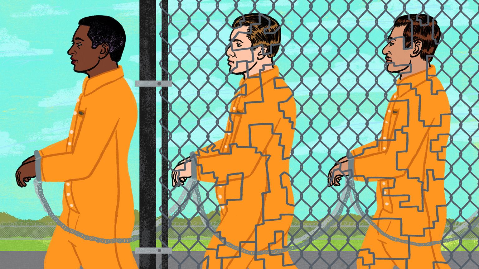 Illustration of prisoners behind prison fence, the fence creates a gerryman