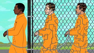 Illustration of prisoners behind prison fence, the fence creates a gerryman