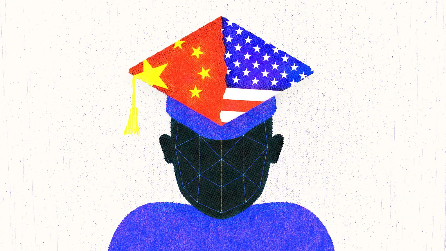 Illustration of a student with a graduation cap that is half the Chinese fl