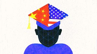 Illustration of a student with a graduation cap that is half the Chinese fl