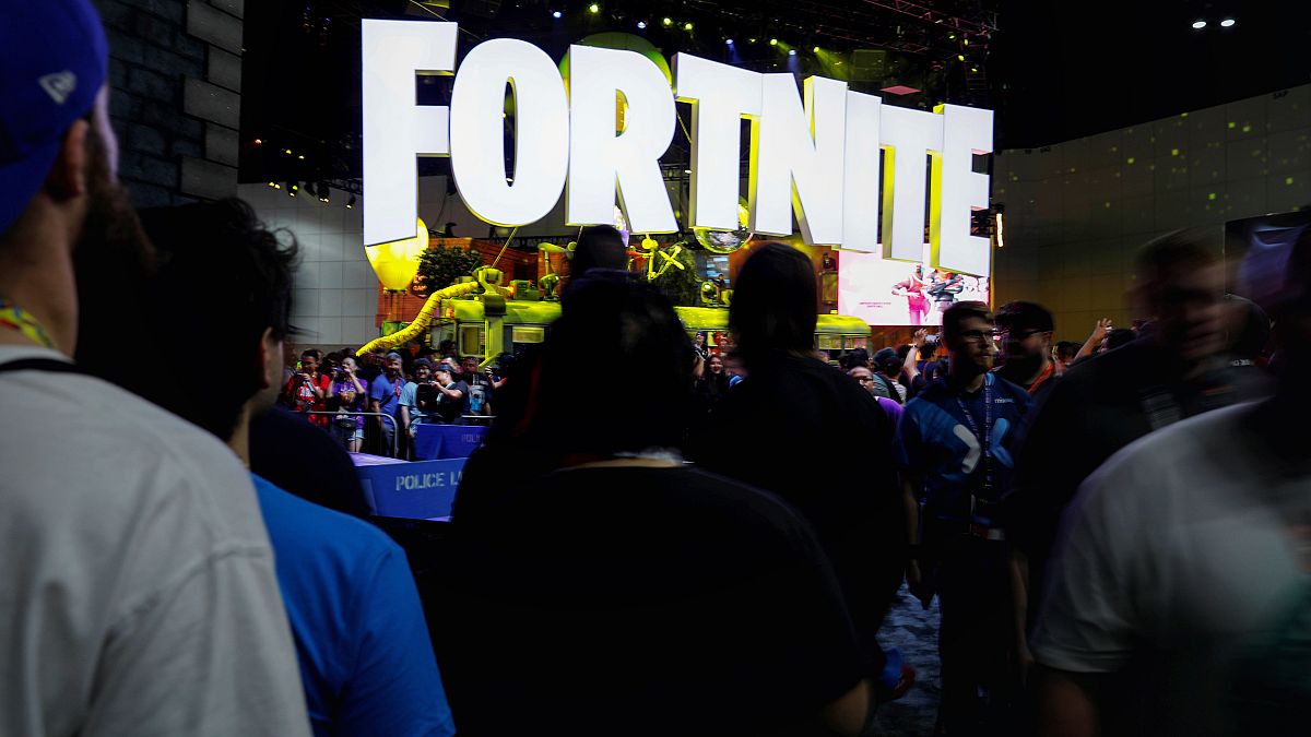 Image: A Fortnite booth at the E3 gaming convention in Los Angeles on June 