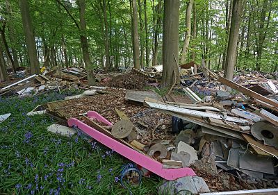 A pink children\'s slide is among the piles of waste left on the Brocket Hall Estate.