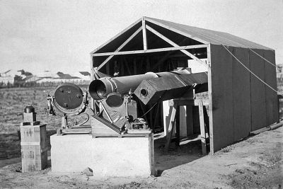 During the eclipse, two heliostats with movable mirrors were used to direct images of the eclipsed sun into a pair of horizontal telescopes. Measurement of photographs taken through these instruments was checked for any deflection of star positions adjacent to the sun.