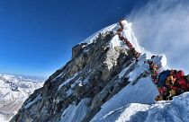 Image: Climbers line up near the summit of Mount Everest
