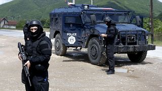 Image: A special unit of the Kosovo police near the village of Cabra during