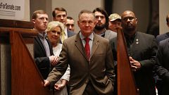 Image: Republican Senatorial candidate Roy Moore waits to be introduced to 