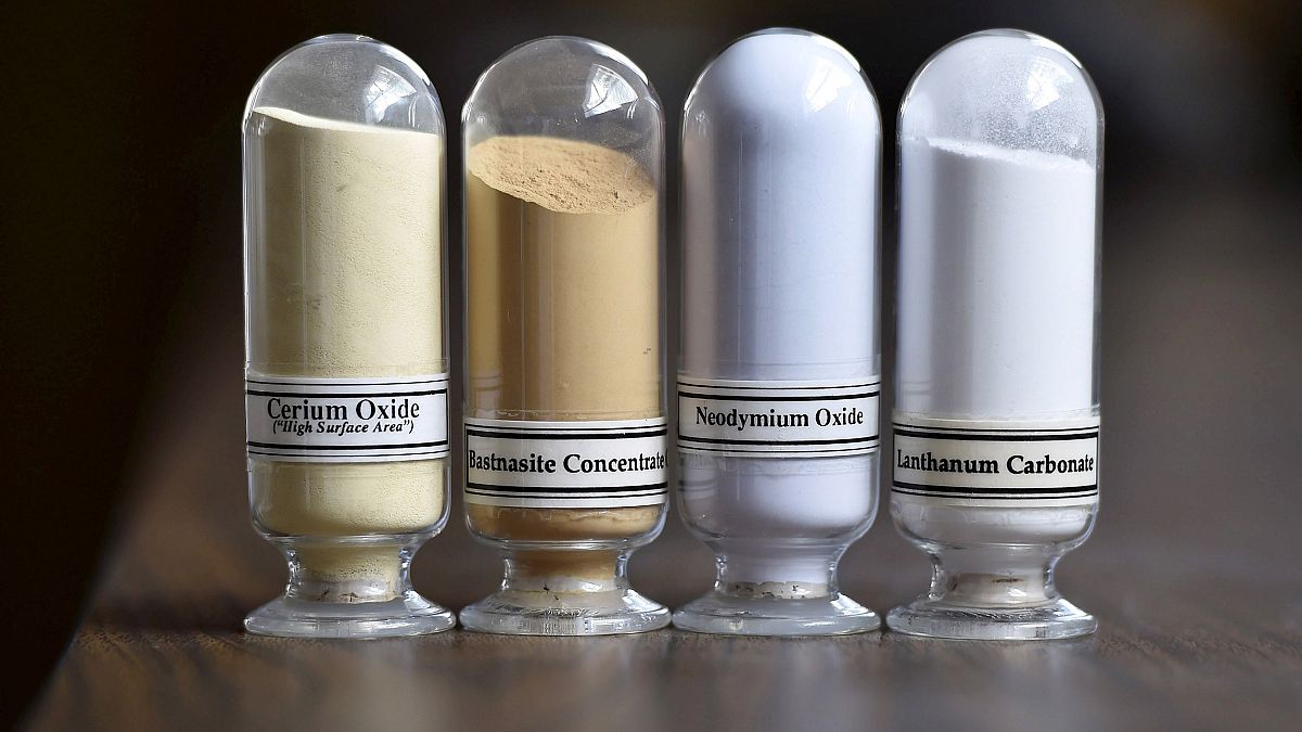 Image: Samples of rare earth minerals, Cerium oxide, Bastnasite, Neodymium 