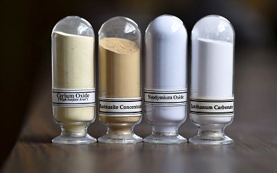 Samples of rare earth minerals, from left, cerium oxide, bastnasite, neodymium oxide and lanthanum carbonate, are on display at Molycorp\'s Mountain Pass Rare Earth facility in Mountain Pass, California.