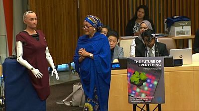 Nigerian Amina Mohammed interacts with Sophia the robot at the UN [Video]