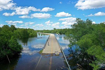 Floodwater from the Mississippi River cuts off the roadway from Missouri into Illinois on May 30, 2019 in Saint Mary, Missouri.