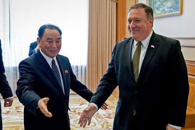 Kim Yong Chol and Secretary of State Mike Pompeo meet in Pyongyang, North Korea, on July 7, 2018.