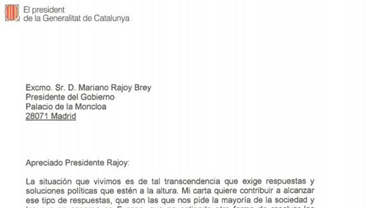 "Apreciado Presidente Rajoy" Carta completa de Carles Puigdemont al presidente del Gobierno