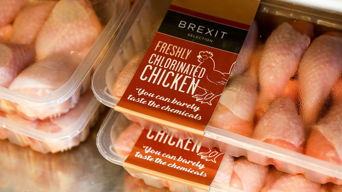 Image: Packs of "Brexit Selection Freshly Chlorinated Chicken" sit on displ
