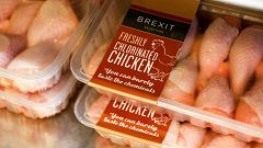Image: Packs of "Brexit Selection Freshly Chlorinated Chicken" sit on displ