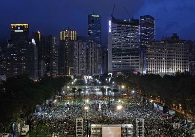 Thousands of people attend a candlelight vigil for victims of the Chinese government\'s brutal military crackdown three decades ago on protesters in Beijing\'s Tiananmen Square at Victoria Park in Hong Kong Tuesday, June 4, 2019.