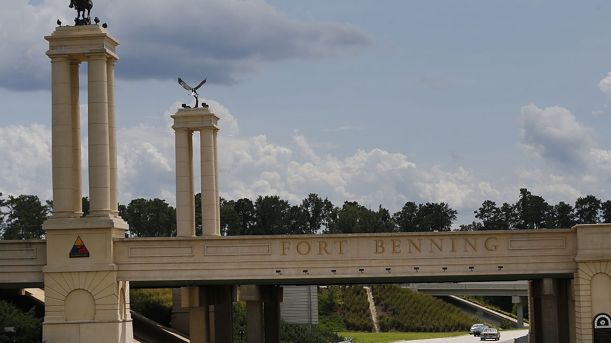 Image: A bridge over I-185 marks the entrance to the U.S. Army's Fort Benni
