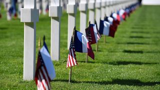 Image: French and U.S. flags at the Normandy American Cemetery and Memorial