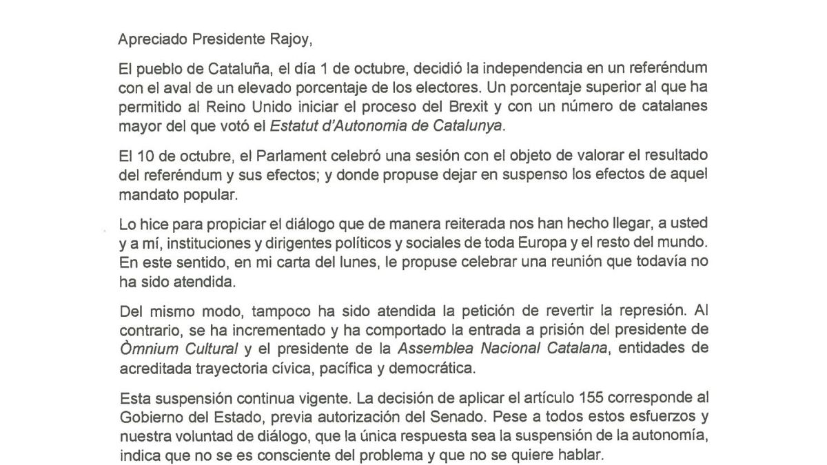 "Apreciado Presidente Rajoy" Carta completa de Puigdemont en respuesta al segundo plazo del Gobierno