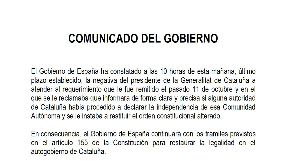 Comunicado completo del Gobierno en respuesta a Puigdemont