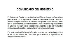 Comunicado completo del Gobierno en respuesta a Puigdemont