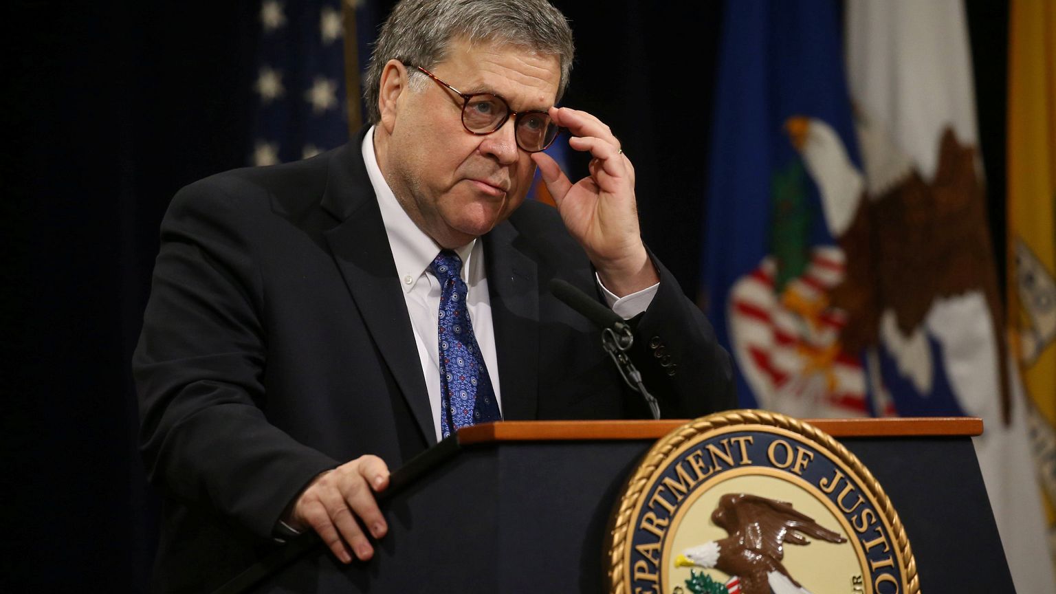 Image: U.S. Atttorney General Barr speaks during farewell ceremony for Depu