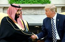 Image: President Donald Trump shakes hands with Saudi Arabia's Crown Prince