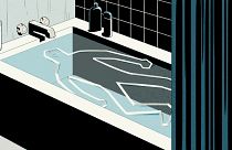 Illustration of crime scene body silhouette tape inside a bathtub.
