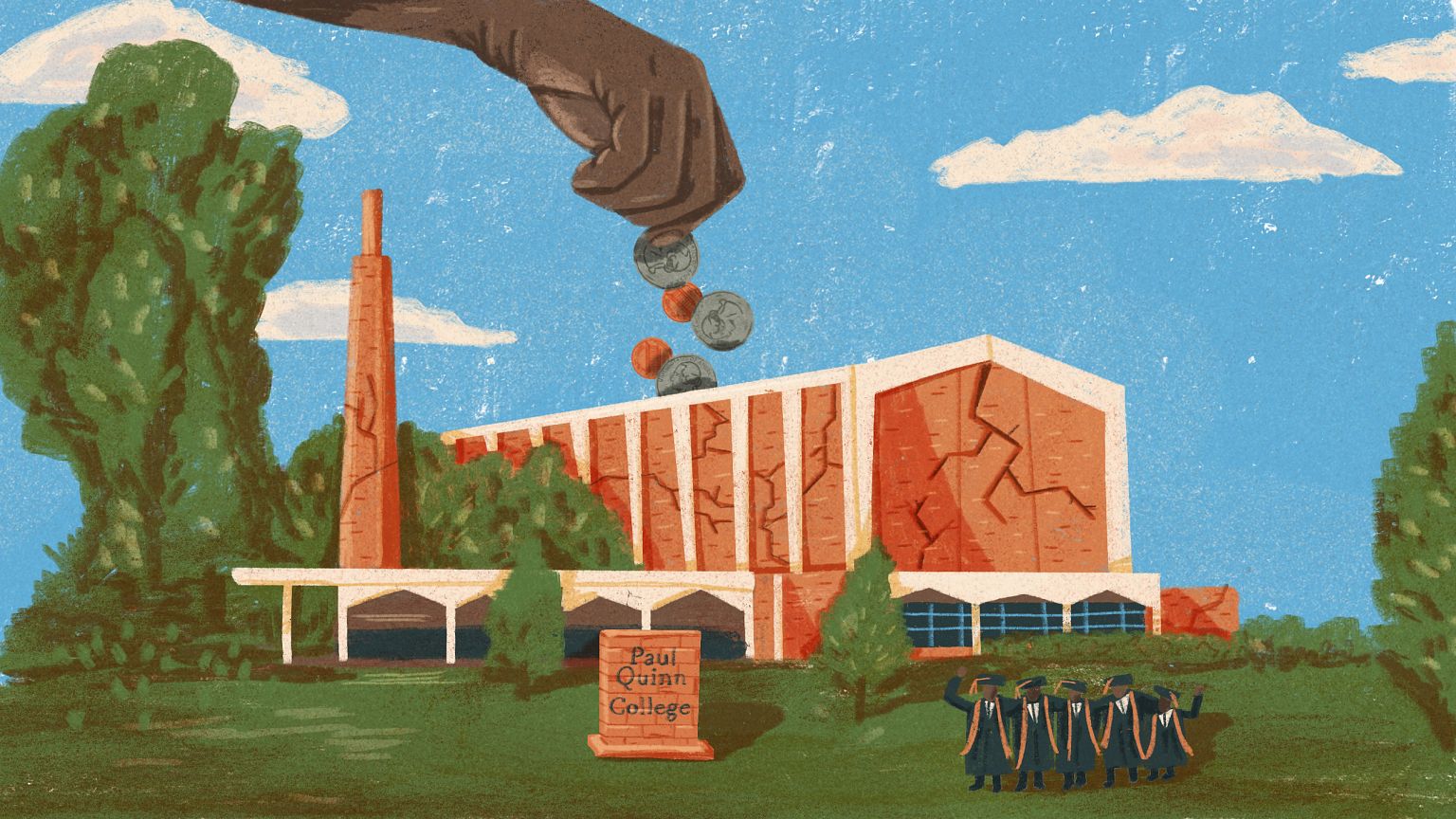 Illustration of hand pouring change into a cracked piggy bank shaped like a