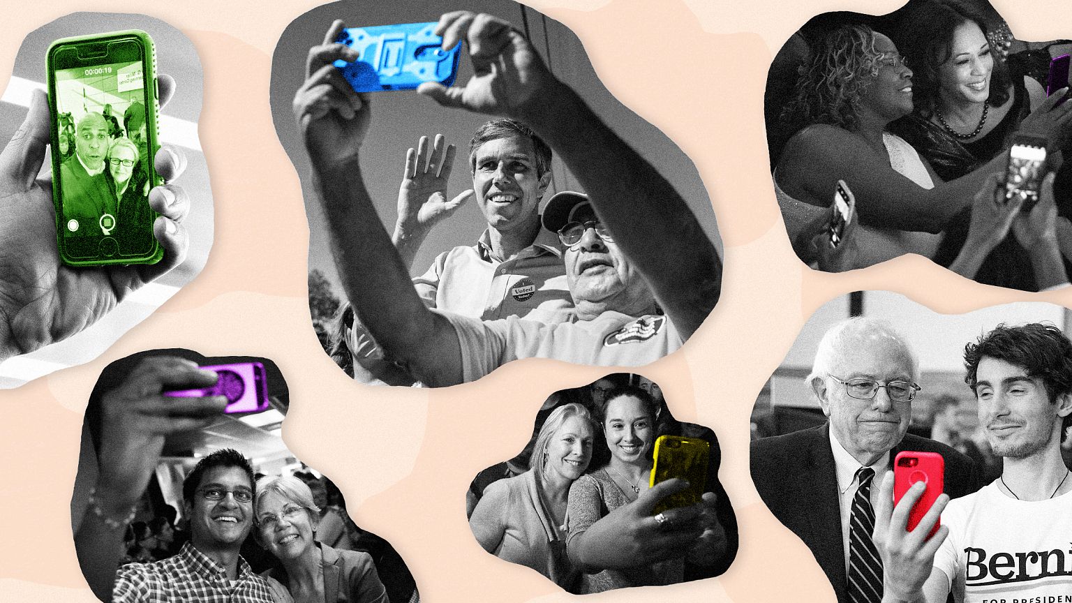 Image: Democratic candidates for president take selfies with supporters.