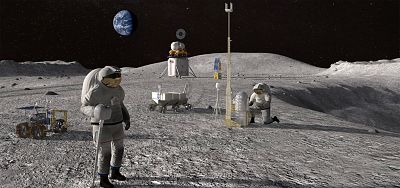 Illustration of astronauts and robots on the moon.